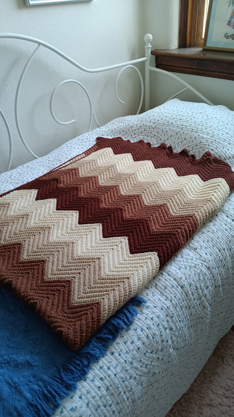 Vintage Handmade Crocheted Afghan Brown Cream Tan MCM Retro Ripple Chevron gallery