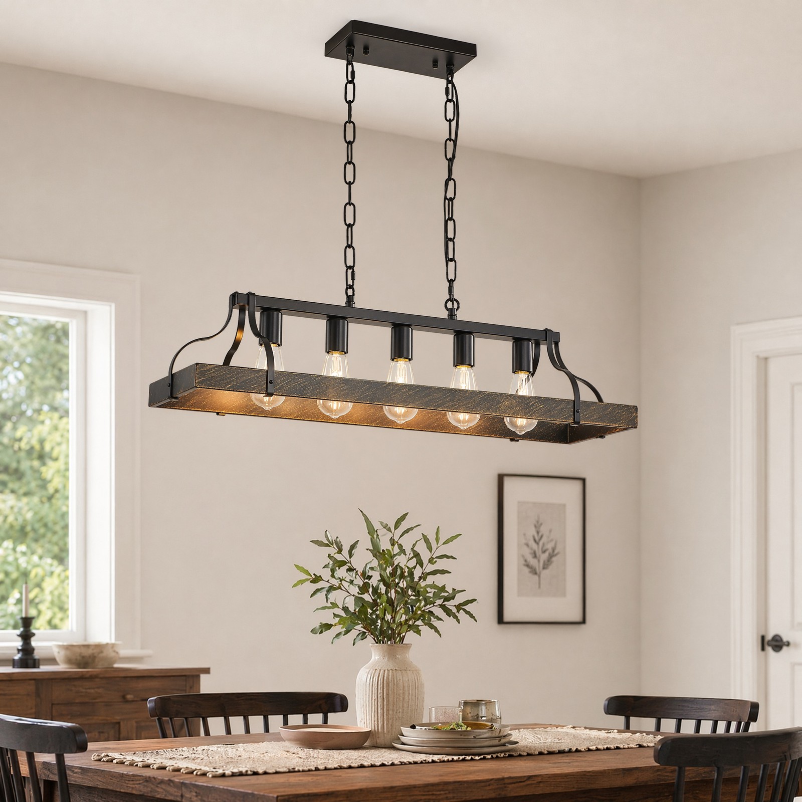 34'' Pendant 5 Light LED Linear Chandelier for Living Room Black Gold Fixture gallery