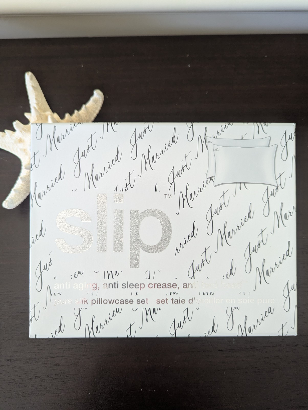 SLIP 100% Silk Queen Pillowcase Set JUST MARRIED White w/ Black Piping NIB gallery