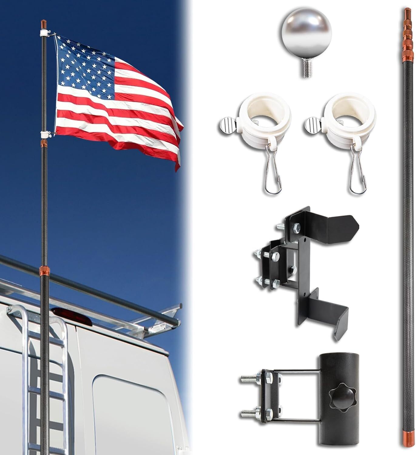 RV Ladder Flagpole Kit, Carbon Fiber Telescopic Flagpole - 20ft Adjustable gallery