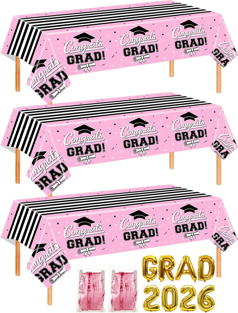 7-Pack Graduation Party Decorations Set, 3 Pink Graduation Tablecloths 54X108In,