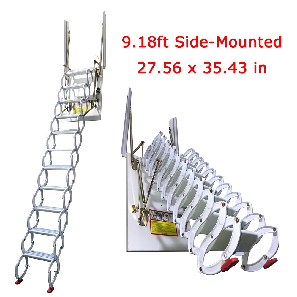 White Attic Ladder Loft Wall Folding Stairs 9.18ft Side-Mounted Pull Down Ladder gallery