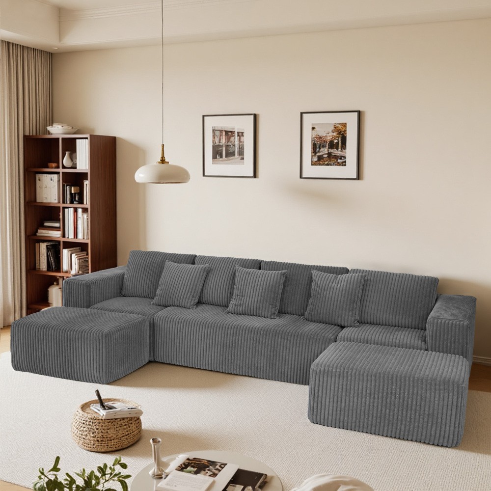 132" Modular U-Shaped Sectional, Gray Striped Corduroy, Reversible Chaise gallery