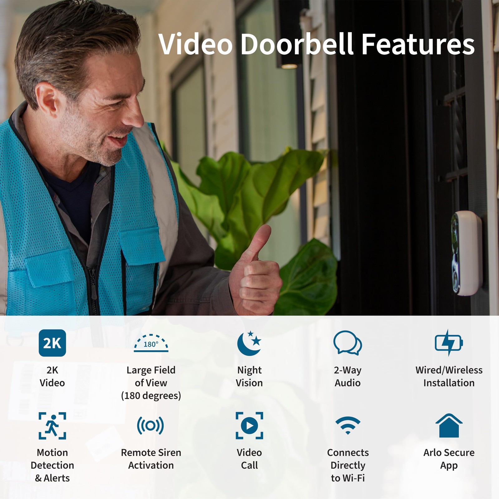 Arlo Video Doorbell 2K | 2nd Gen | Wire-Free/Wired Option, 2-Way Audio, Night gallery