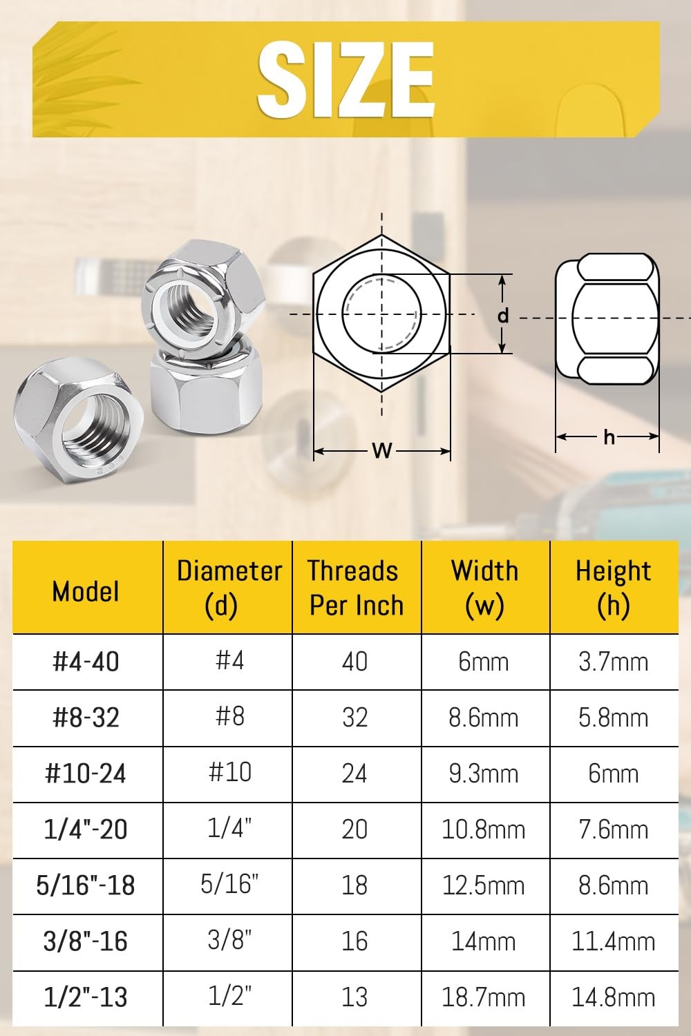 Caianwin 10Pcs 1/2"-13 Nylon Insert Hex Lock Nuts A2 304 1/2"-13, Silver gallery