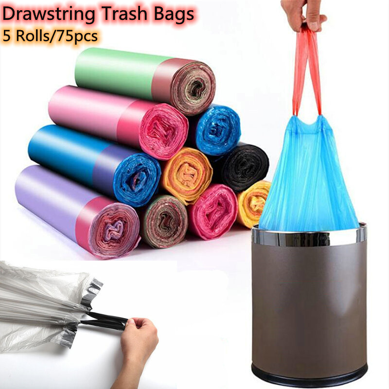 75pcs Random Colors Small Garbage Bag Disposable Home Drawstring Trash Bags gallery