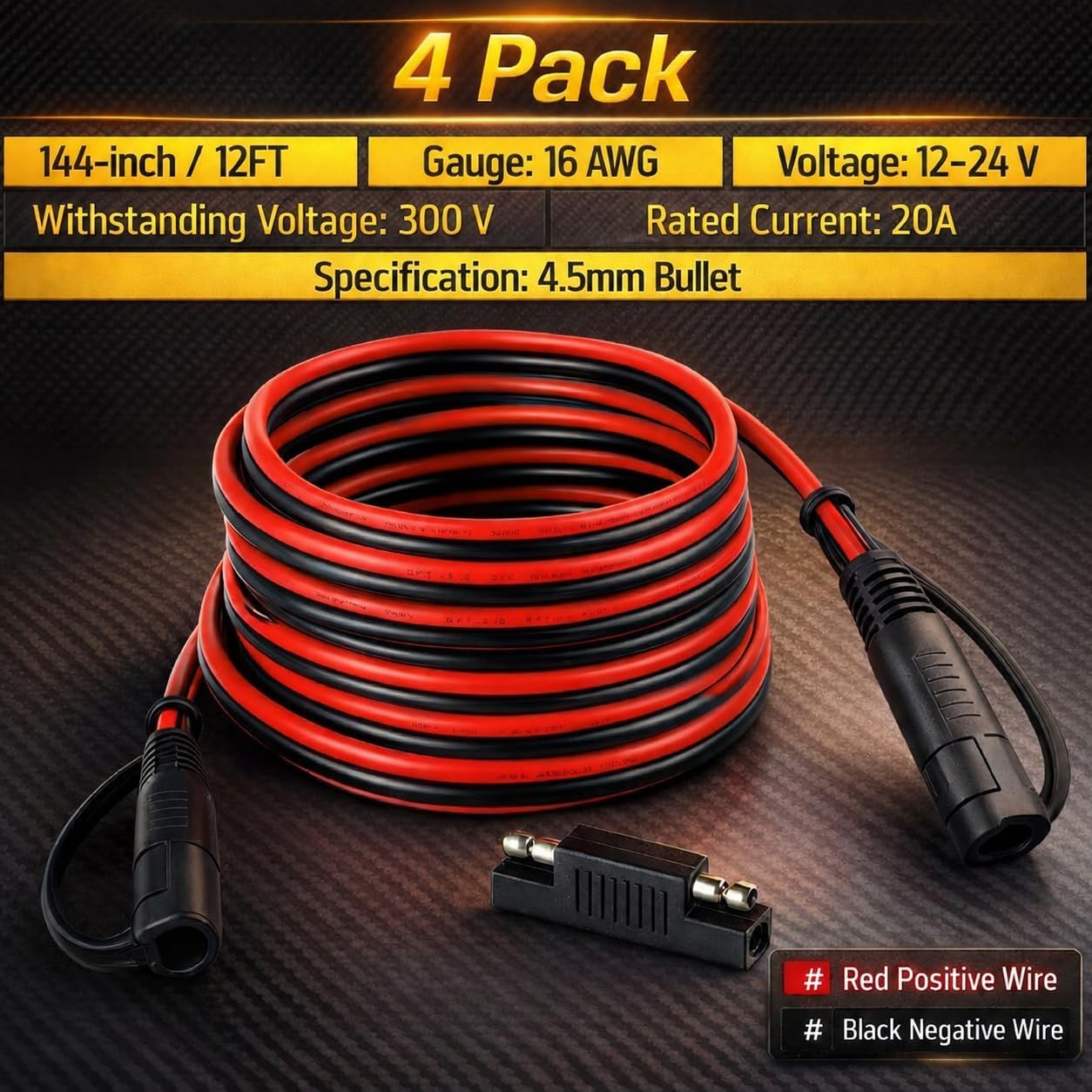 4 Pack 12 Ft SAE to SAE Extension Cable, 16 AWG, Solar Panel Extension Cable gallery