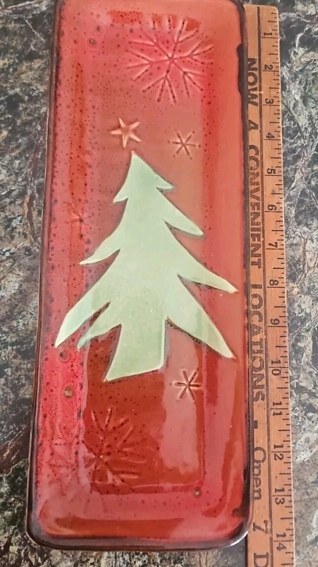 Creative Co-Op Christmas Rustic Rectangle Plate Tree Primitive Design Rust Brown gallery