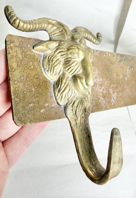 Mid Century Solid Brass Sculptural Goat Ram Head 3 Hook Wall Mount Coat Rack gallery