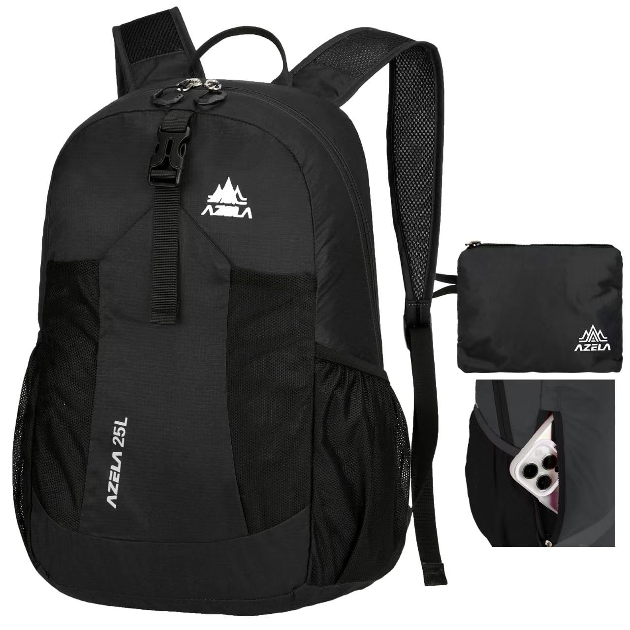 Lightweight Packable Backpack 25L Small Travel Hiking Foldable Daypack Black