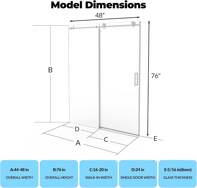 44-48"W x 76"H Frameless Single Sliding Shower Door 5/16" (6mm) Thick 55 Rollers gallery