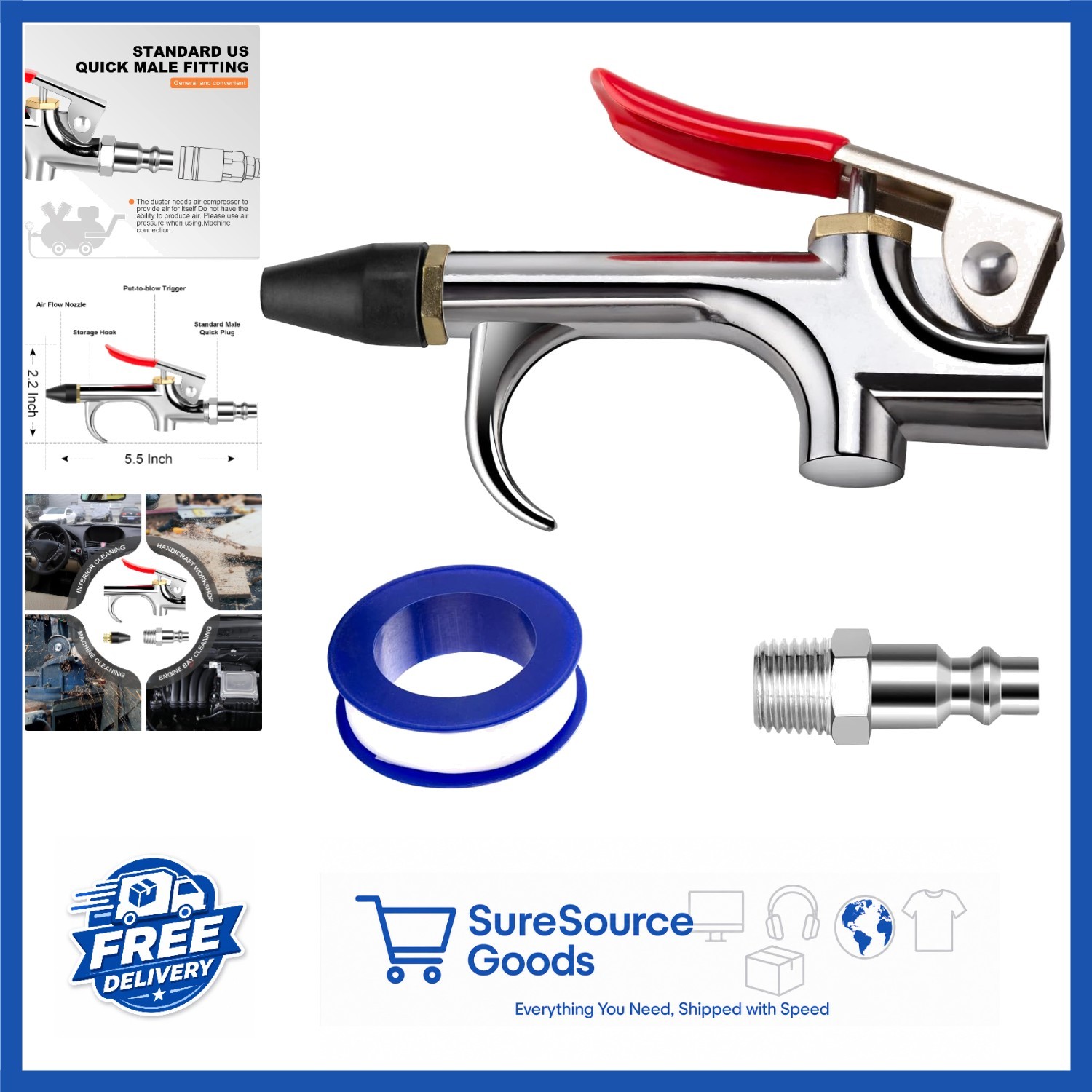Air Nozzle Blow Gun 2-Way Connection with 1/4" NPT Quick Plug and Rubber Tip gallery