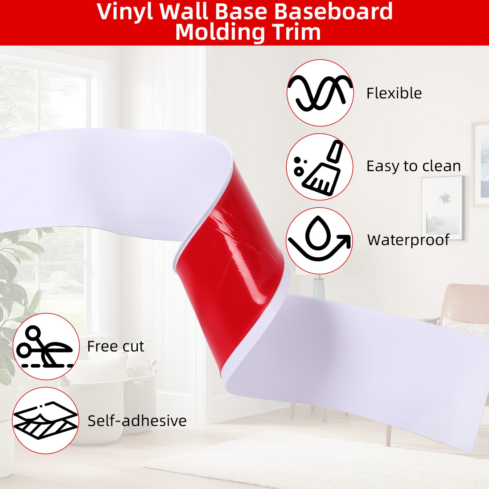 Flexible Baseboard Molding Trim 4 Inch -Adhesive Vinyl Wall Base 4 in x 100 Ft gallery