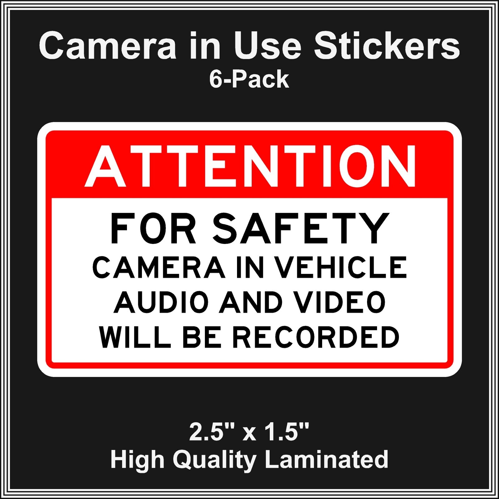 Camera in Car Recording Video 6-Pack Decals Red & Black 2.5" x 1.5" for Uber gallery