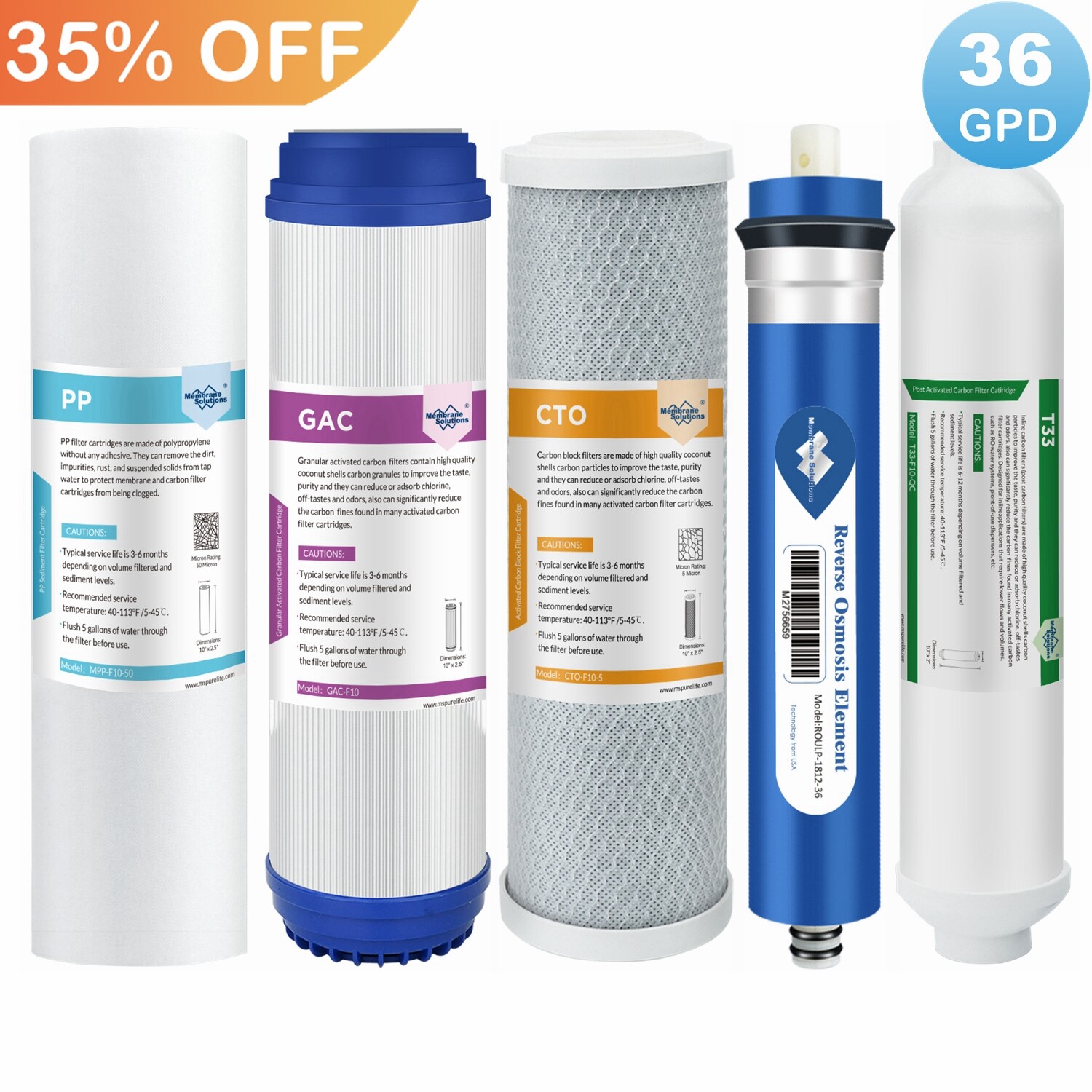 5 Stage Reverse Osmosis System Water Filter RO Membrane Replacement Set 5-Pack gallery