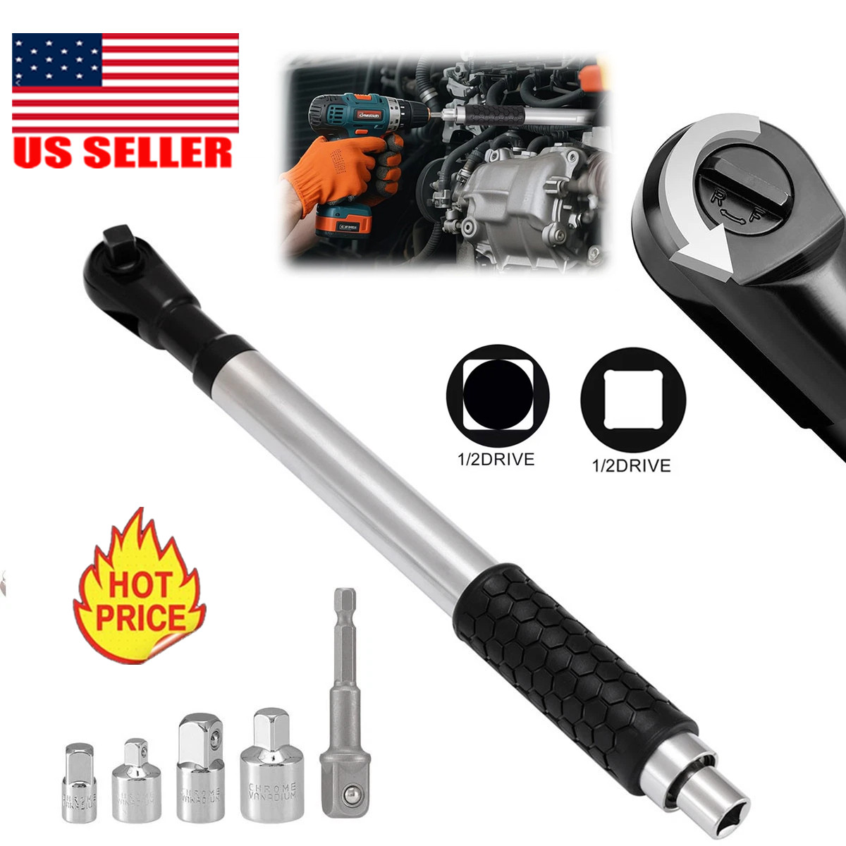 1/2" Offset Extension Wrench Impact Ratchet Extender for Electric Drill Adapter gallery