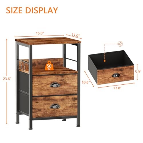 Nightstand with 2 Fabric Drawers, Night Stand with 2-Tier Rustic Brown 1pc gallery