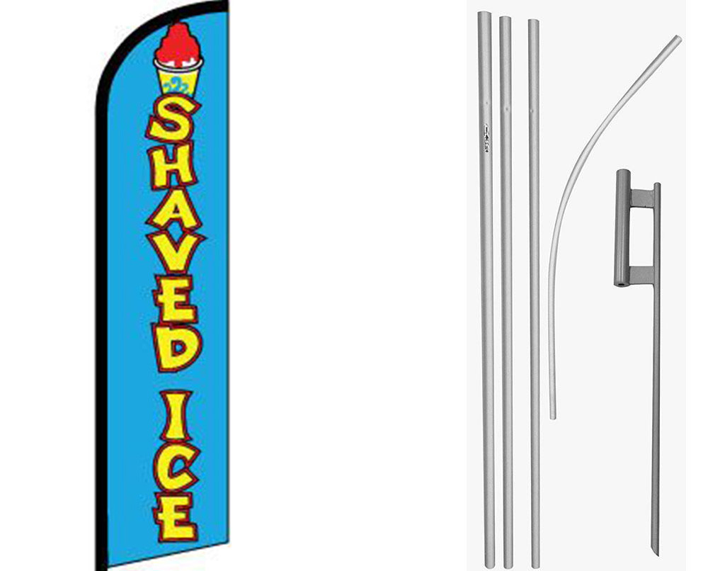 Shaved Ice Blue / Yellow Windless Banner Flag & 16ft Flagpole Kit /Ground gallery