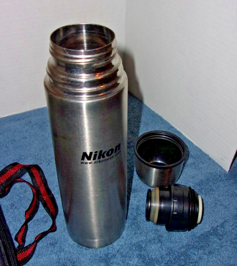 NIKON SMALL STAINLESS THERMOS WITH BLACK ZIP CARRY CASE ADJUSTABLE STRAP gallery