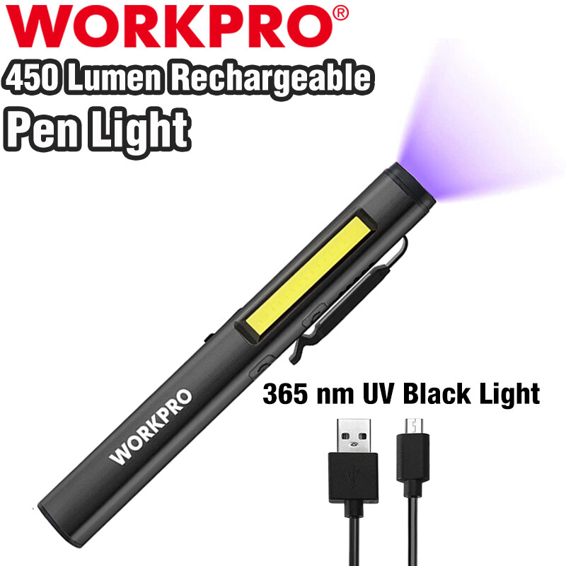 WORKPRO 450 Lumen USB Rechargable Pocket Pen Light LED Flashlight UV Black Light gallery