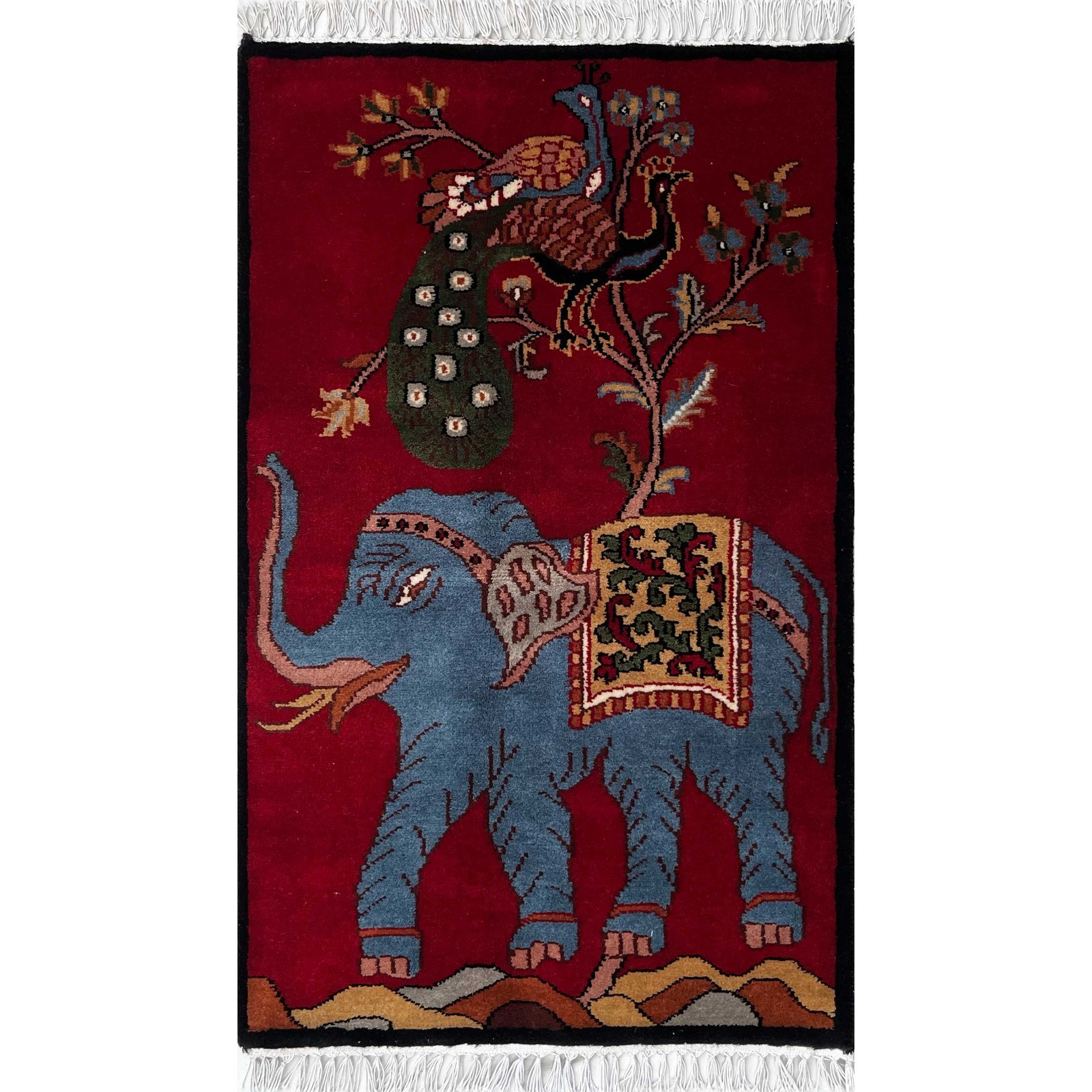 2x3 ft Hand Knotted Woolen Rug Pictorial Elephant Peacock (Red) gallery