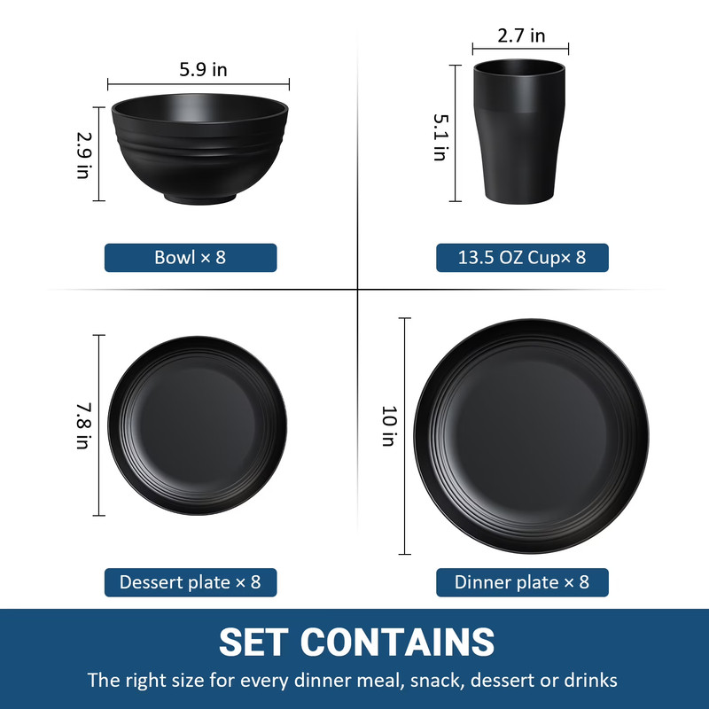 TINANA 32-Piece Wheat Straw Dinnerware Set Service for 8 Black FREE SHIP gallery