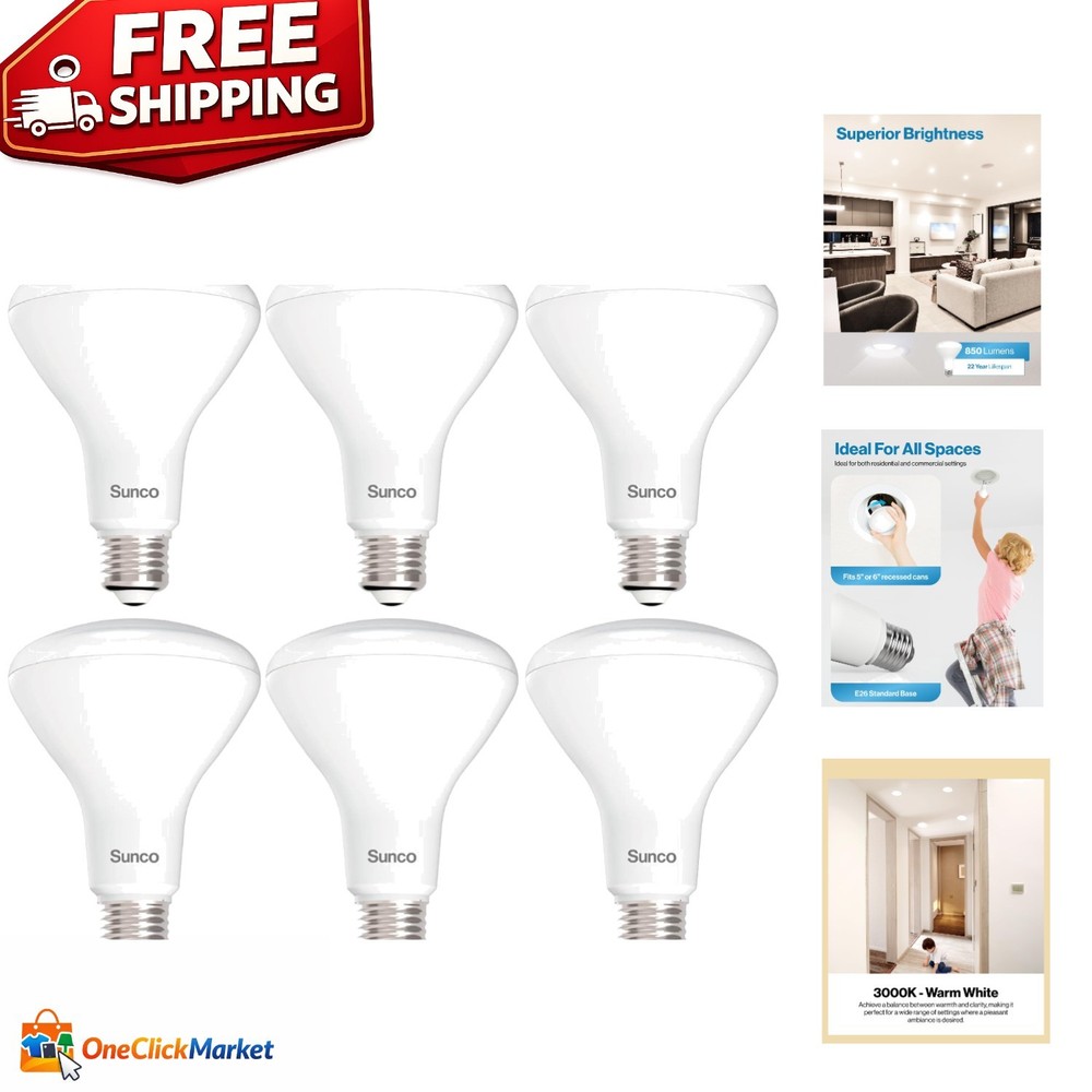Sunco 6-Pack BR30 Dimmable LED Bulbs 850 Lumens Warm White Indoor Lighting