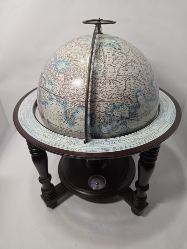 Antique Style Rotating Floor Globe, Dark Wood Base, Metal Semi-Meridian. Latin gallery