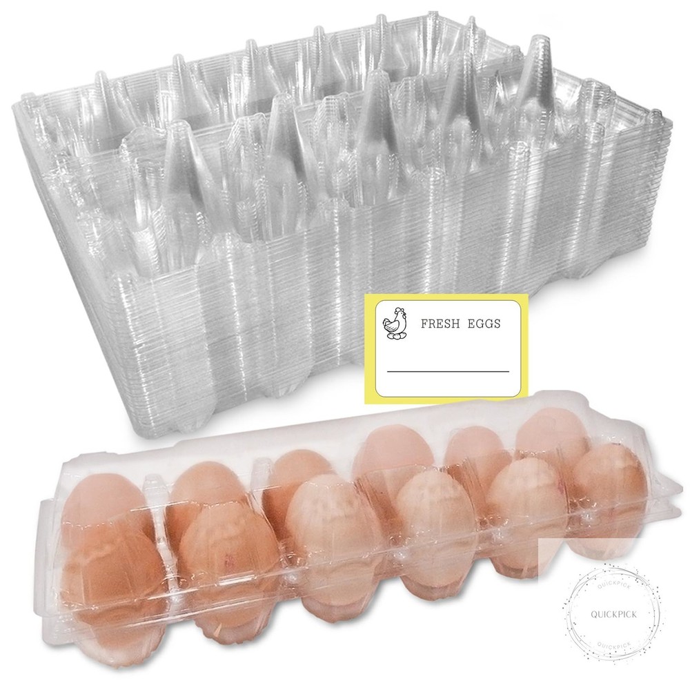 Large Plastic Egg Cartons 30 Packs with Sticker Labels for 12 Eggs, Cheap Bulk
