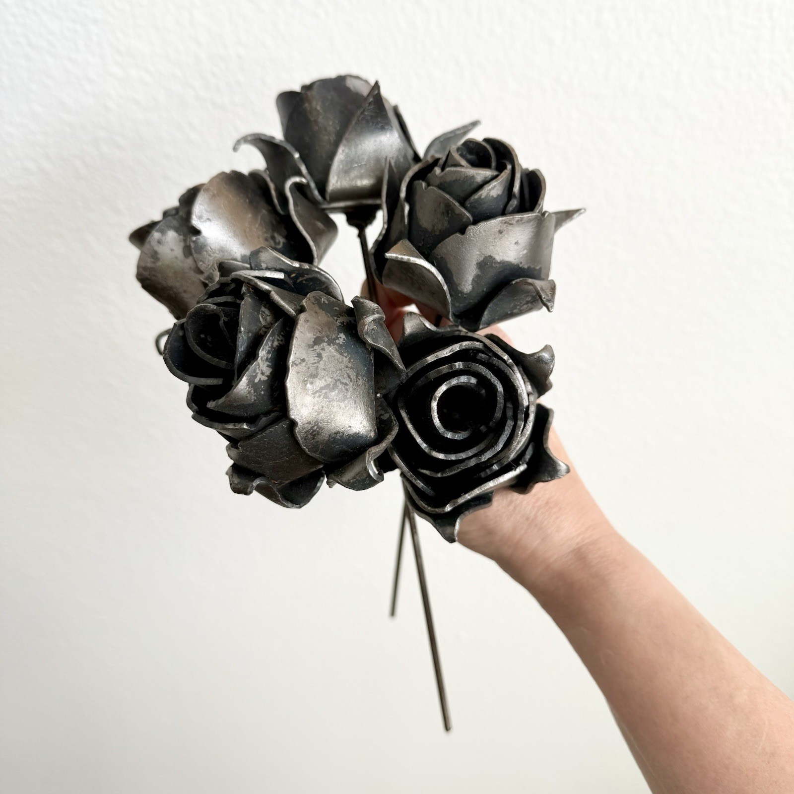 5 - Vintage 10” Metal Handmade Welded Steel Roses Bouquet VERY COOL & EDGY VTG gallery