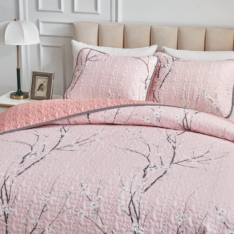 UOZZI BEDDING 3 Pieces Reversible Pink Branch Quilt Set King Size 102x88 Soft... gallery