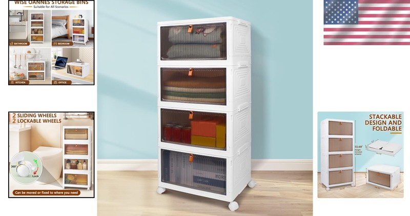 Upgrade Your Space: 4-Tier Plastic Storage Boxes with Translucent Doors & Wheels gallery