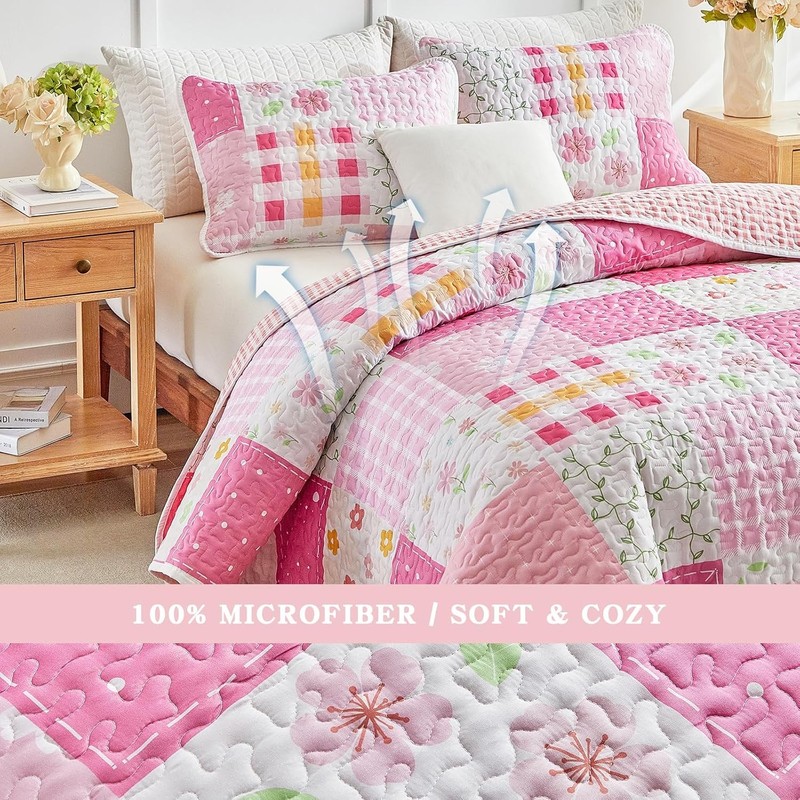 Patchwork Quilt Set Twin Size 2 Pieces White Pink Floral Plaid Reversible Americ gallery