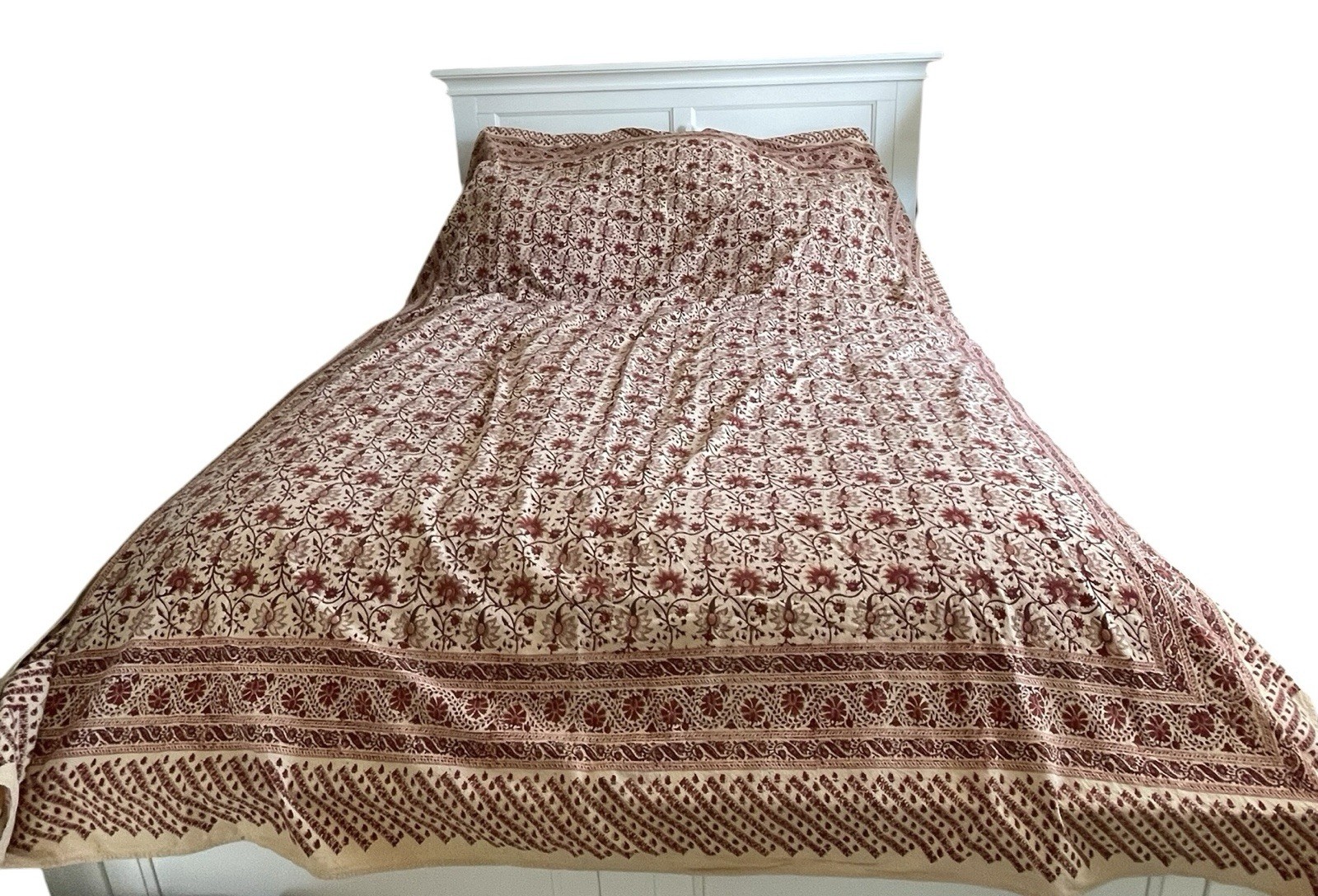 Anokhi Print Indian Hand Block Print Bed Cover or Tablecloth. Red & Tan. 103x84" gallery