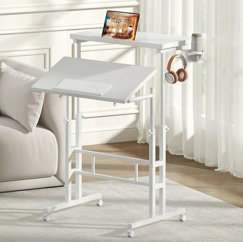 Dual Desktop Height Adjust Rolling Desk w/Cup Holder&Hook,Stand Computer Table gallery