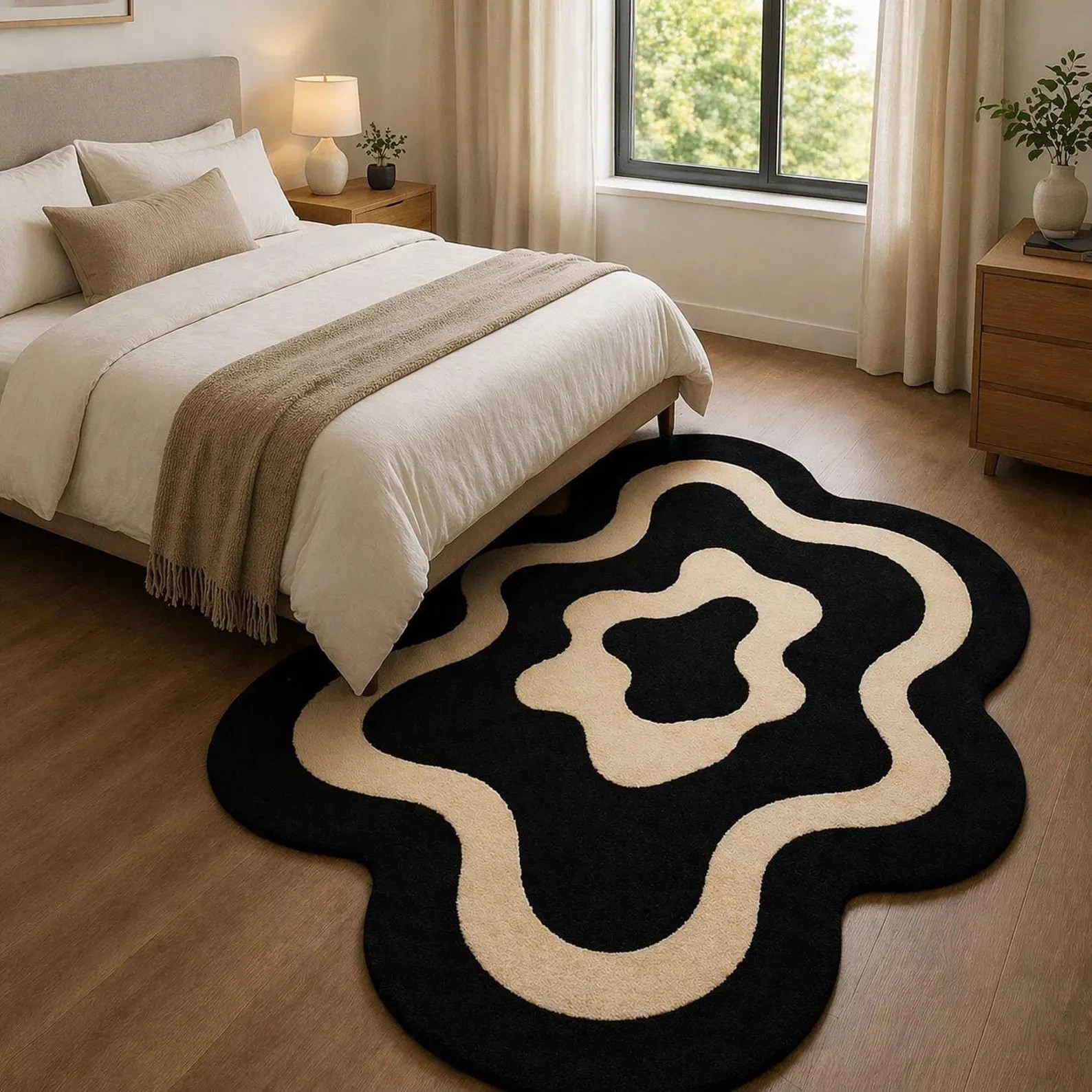 Modern Abstract Wavy Hand Tufted Rug Black & Beige Irregular Shape Carpet Rug gallery