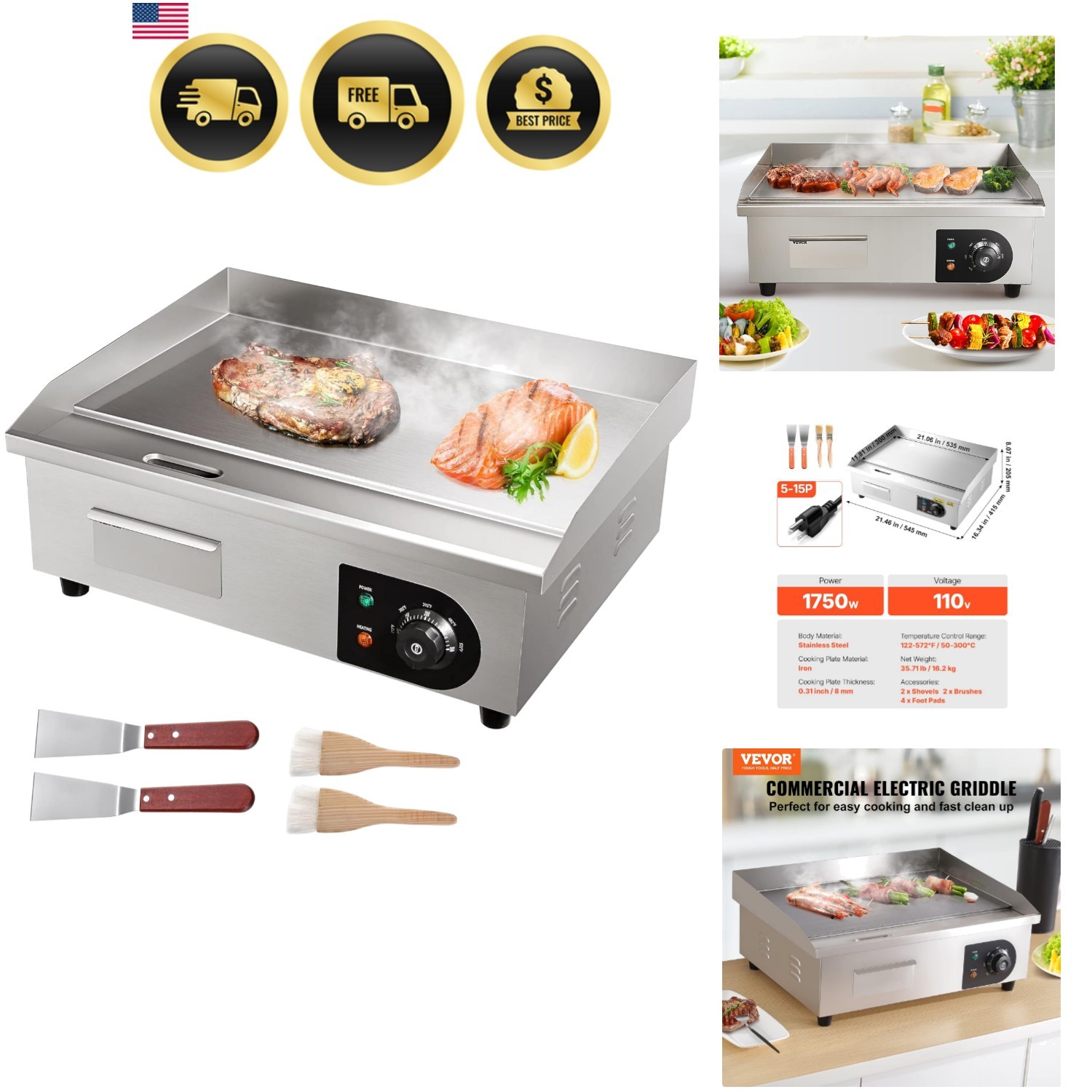 Commercial Electric Griddle, 22", 1600W Countertop Flat Top Griddle, Stainles... gallery