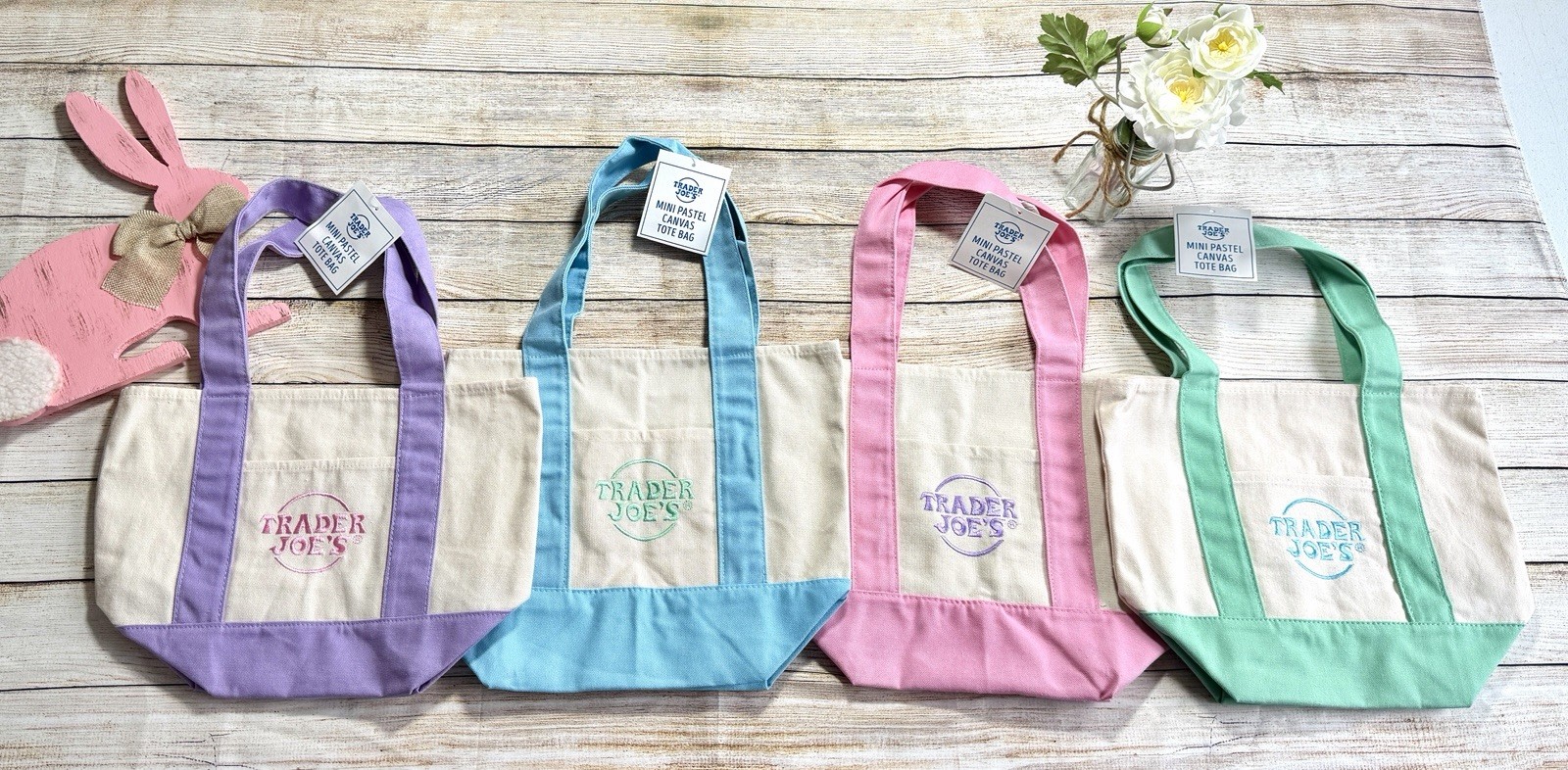 Trader Joe's Mini Pastel Canvas Tote Bag Set, 4 Mini Tote Lot, All 4 Colors gallery