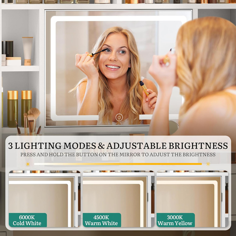 Large Vanity Desk with Mirror & Lights, 5 Drawers, 3 Lighting Modes gallery