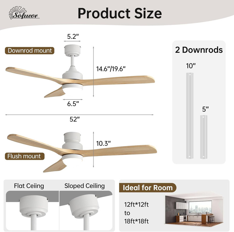Sofucor 52" Solid Wood Ceiling Fan Lights, Flush Mount & Downrod Mount Ceiling F gallery