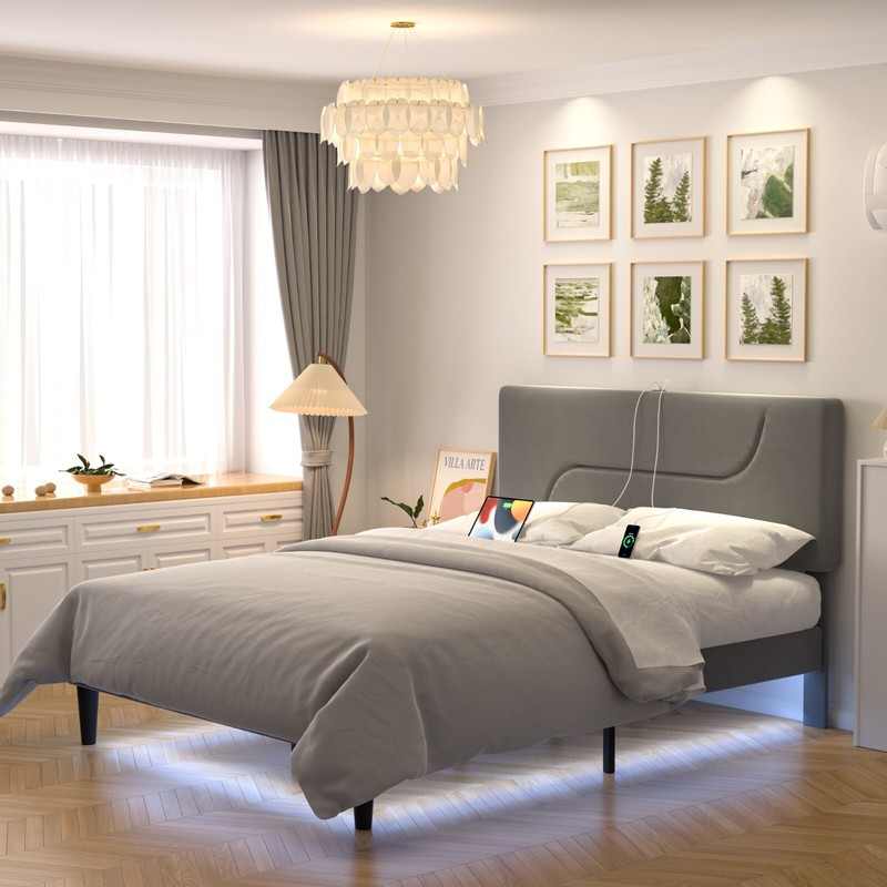 Twin Full Queen Bed Frame LED Light USB Charging Station Headboard Gray Beige gallery