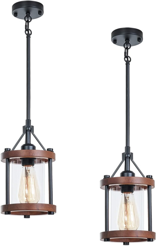 Rustic Walnut Wood Pendant Lights, Adjustable Metal Cage, 2-Pack