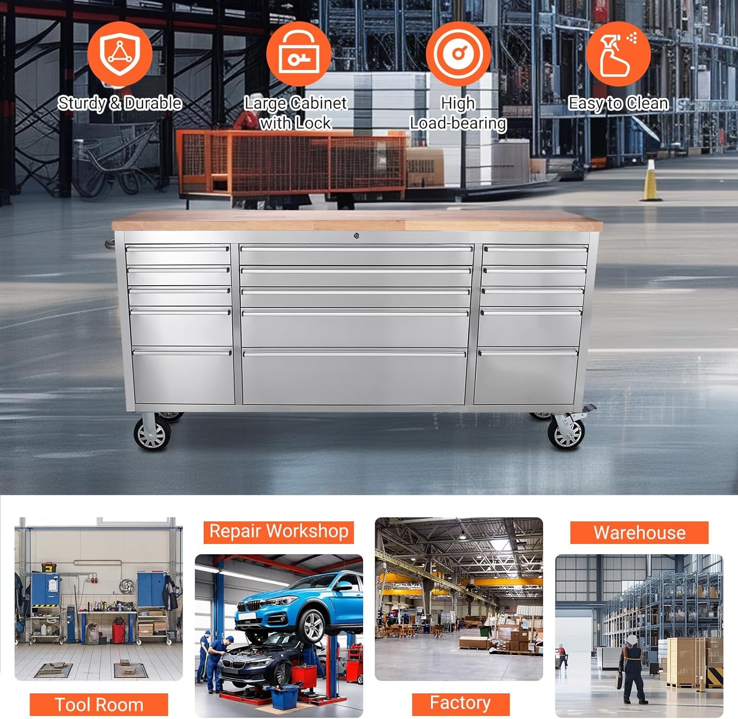 72" Rolling Tool Chest 15 Drawers with Lockable Wheels Lock Stainless Steel gallery
