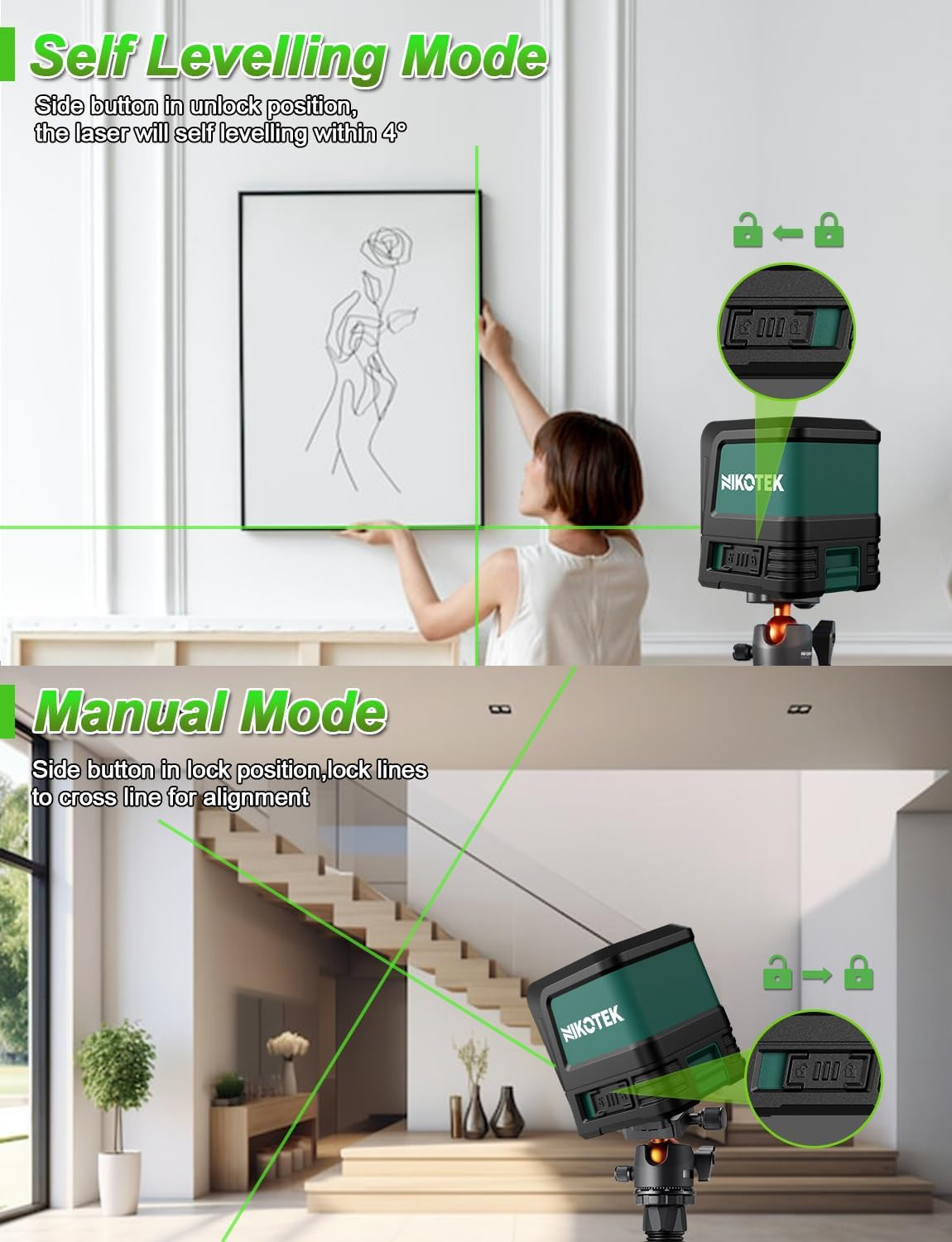 Laser Level, Self-leveling Green Line Laser With Horizontal and Vertical Lines f gallery