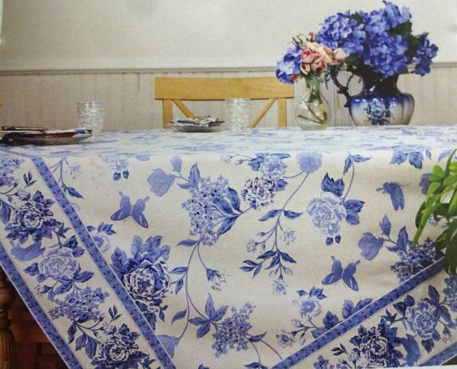 APRIL CORNELL Eden BLUE WHITE FLORAL GARDEN Cotton TABLECLOTH 60X120 gallery