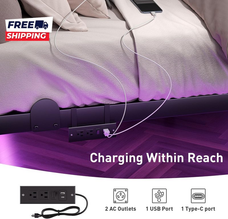 Floating Bed Frame with LED Lights and Charging Station 14 Inch King Size gallery