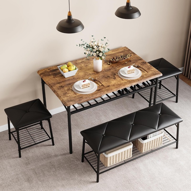 Dining Table Set for 4 Kitchen Table with Upholstered Benches and Stools Storage gallery
