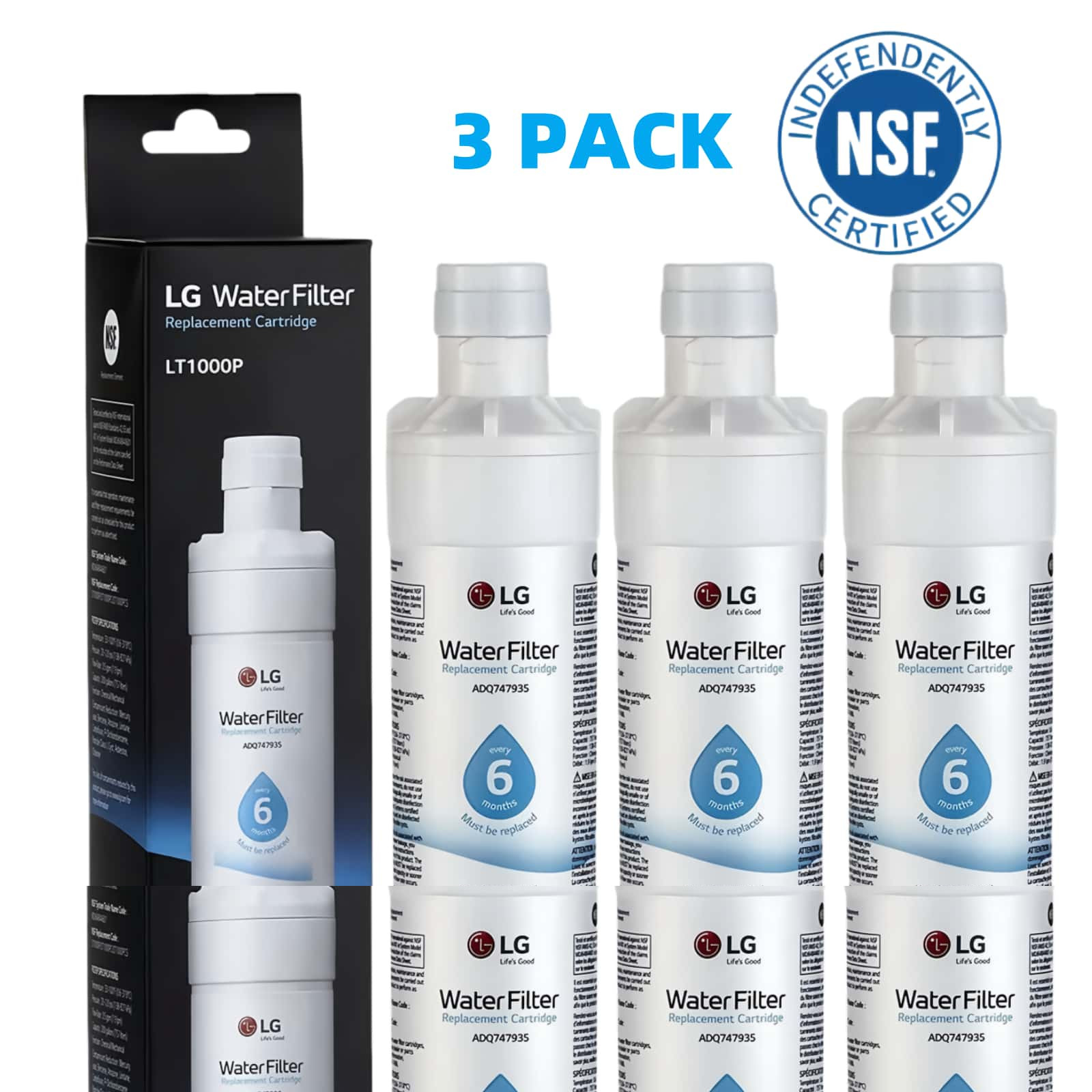 3 Pack LG LT1000P Refresh Refrigerator Ice Water Filter ADQ747935 GF-D706BSL USA gallery