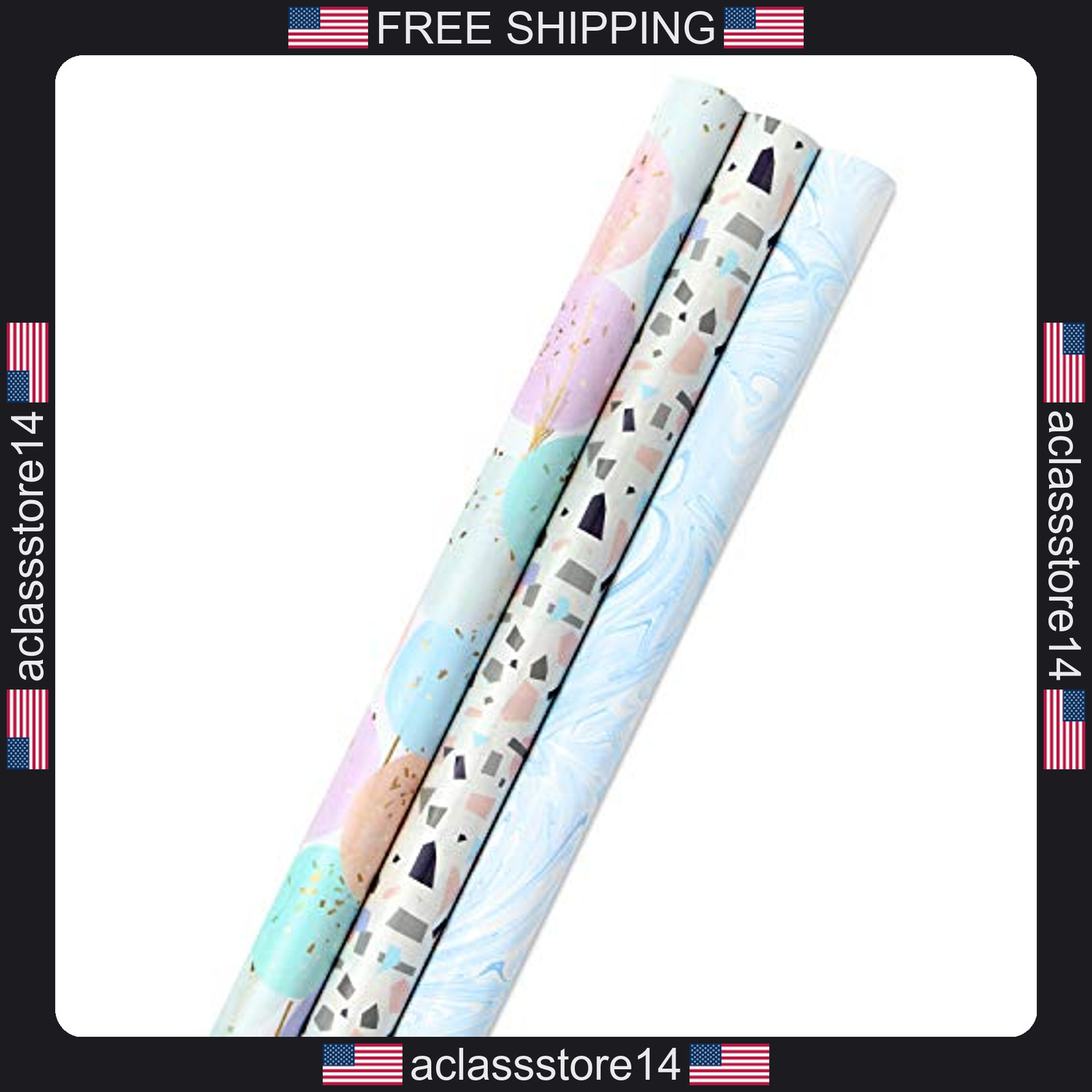 Hallmark wrapping paper bundle 3-pack blush pink gray blue gold high gloss gallery