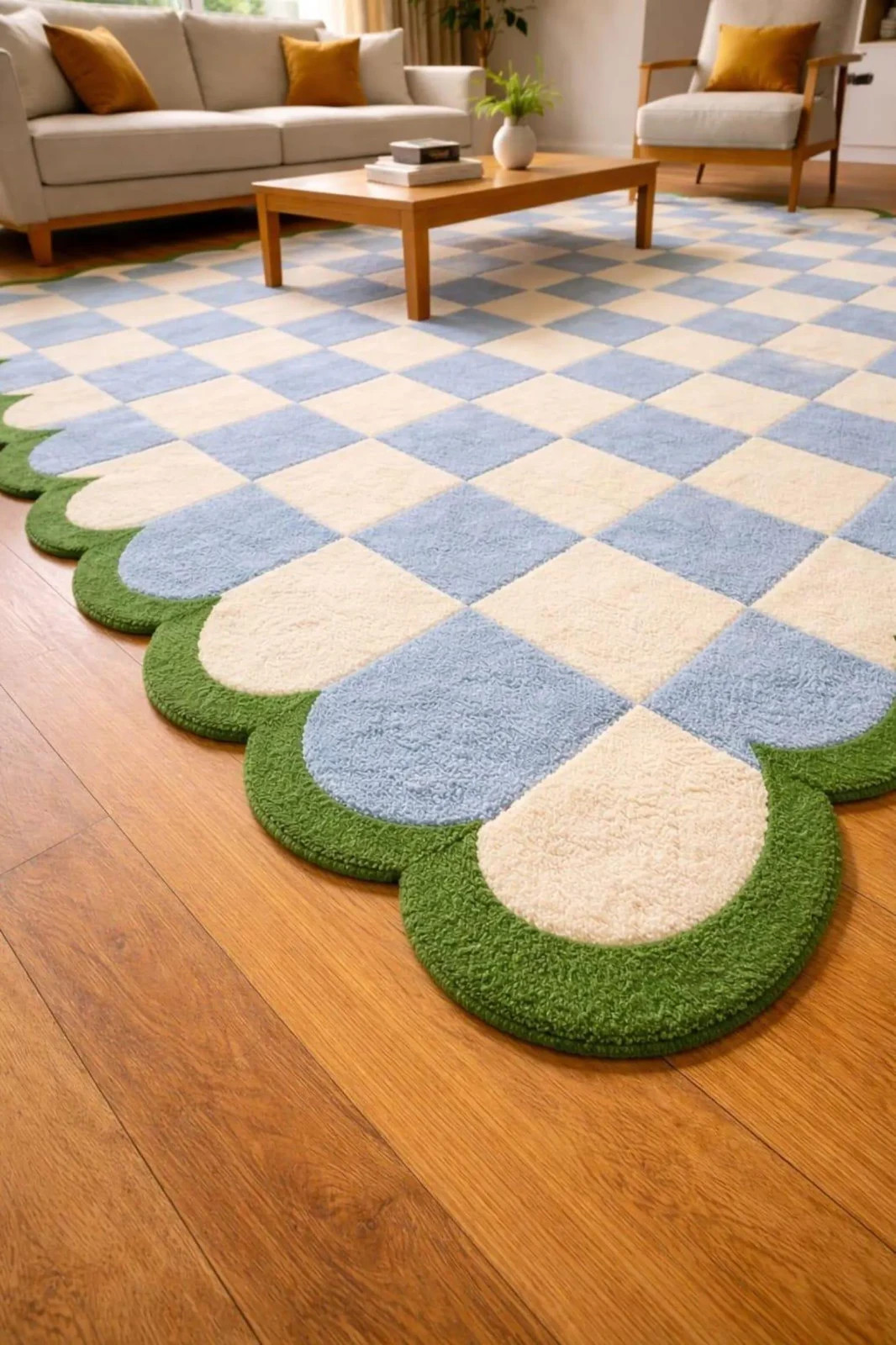 Hand Tufted Wool Area Rug Checkerboard Blue Cream Green Scalloped Border Carpet gallery